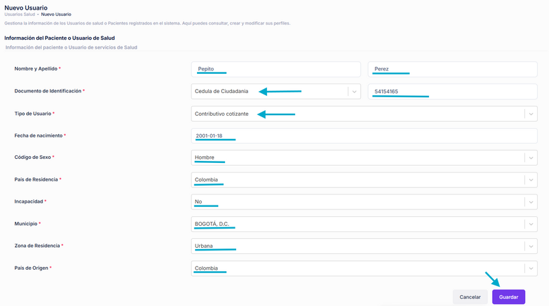 Formulario de datos - Creación nuevo usuario