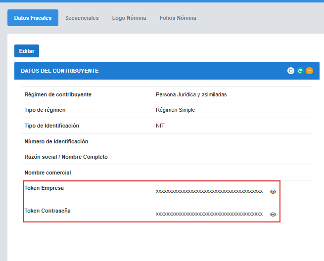 Token empresa y password