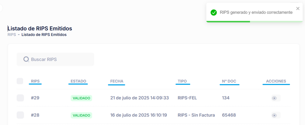 Vista del módulo “Listado de RIPS Emitidos”
