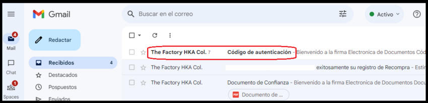 Imagen 51: Correo Asunto The Factory HKA Código de Autenticación