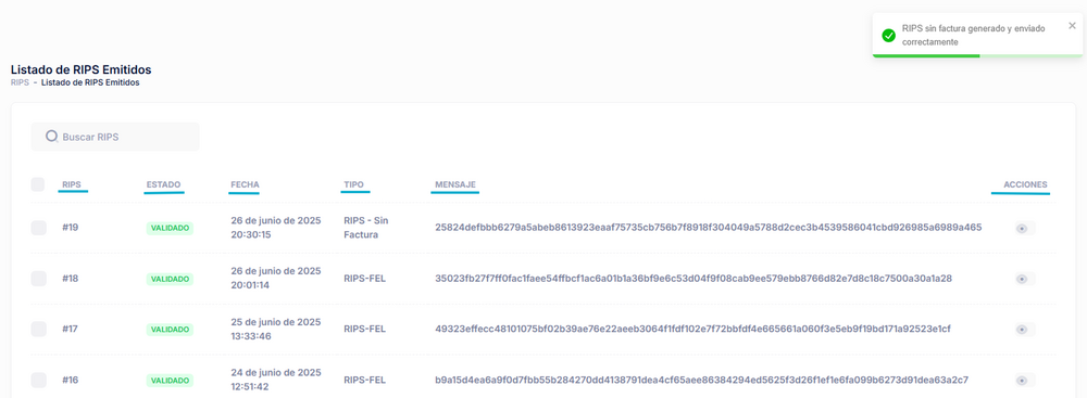 Vista del módulo “Listado de RIPS Emitidos”