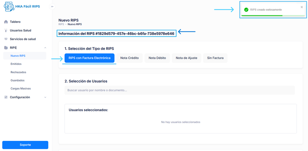 Selección tipo de RIPS a crear