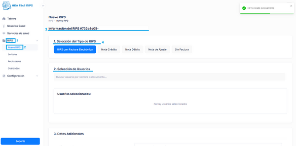 Selección tipo de RIPS a crear