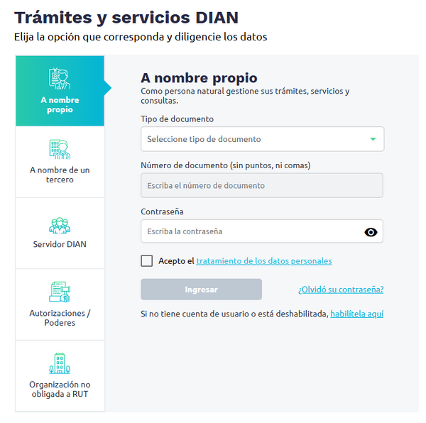 Pantalla inicial de ingreso al portal MUISCA