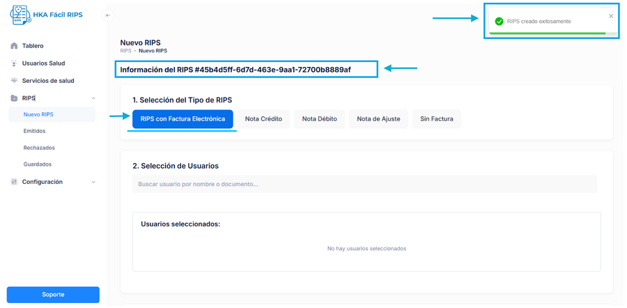 Selección tipo de RIPS a crear